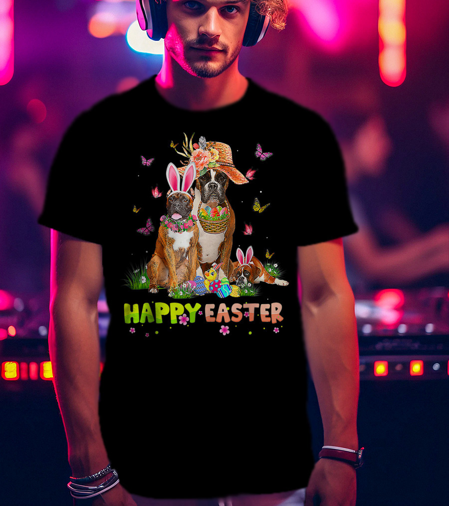 Happy Easter Boxer Dogs Bunny Ears Eggs And Butterflies T-Shirt