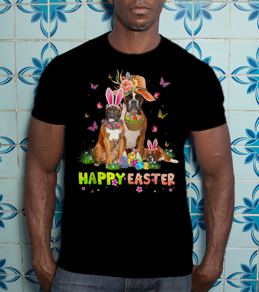 Happy Easter Boxer Dogs Bunny Ears Eggs And Butterflies T-Shirt