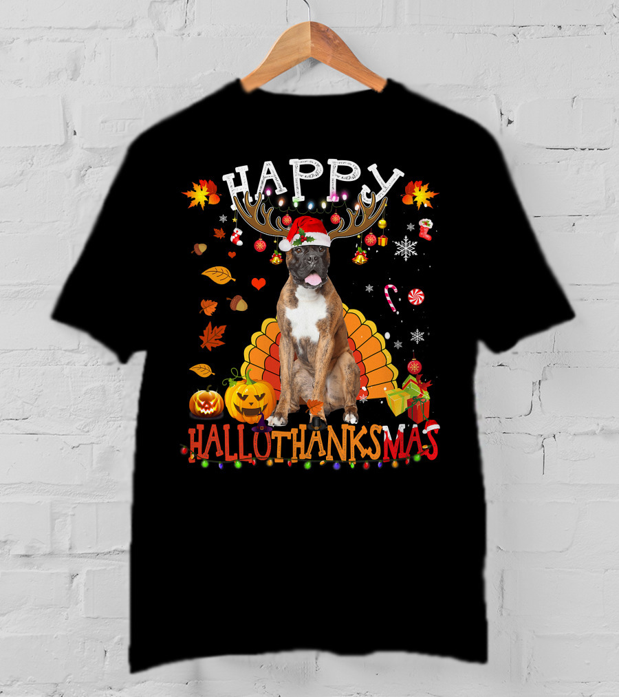 Happy Hallothanksmas Boxer Dog Halloween Turkey Christmas Lights T-Shirt