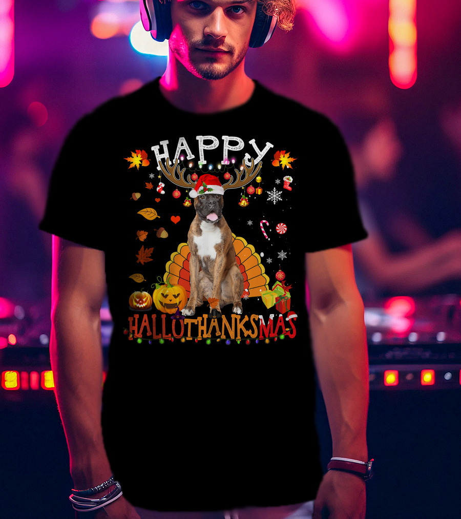 Happy Hallothanksmas Boxer Dog Halloween Turkey Christmas Lights T-Shirt
