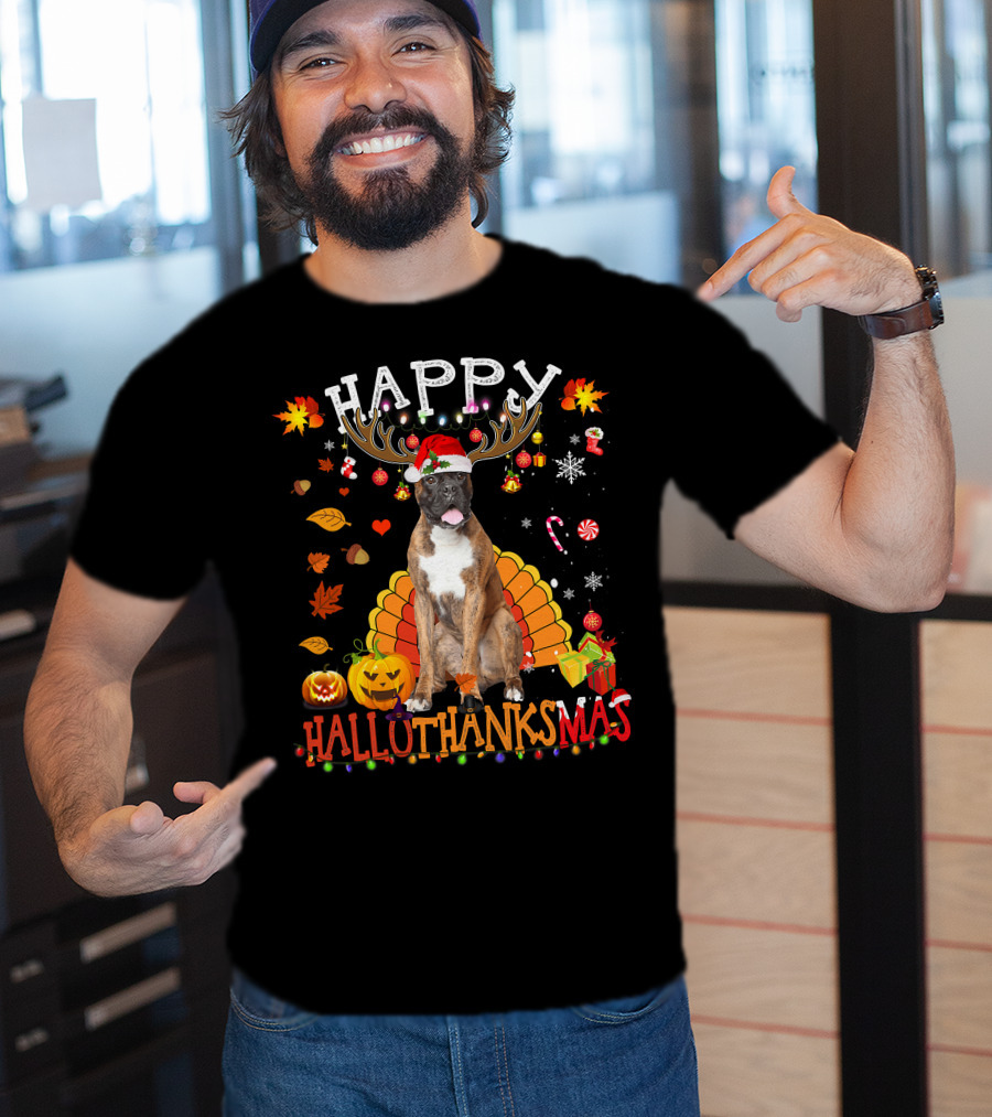 Happy Hallothanksmas Boxer Dog Halloween Turkey Christmas Lights T-Shirt