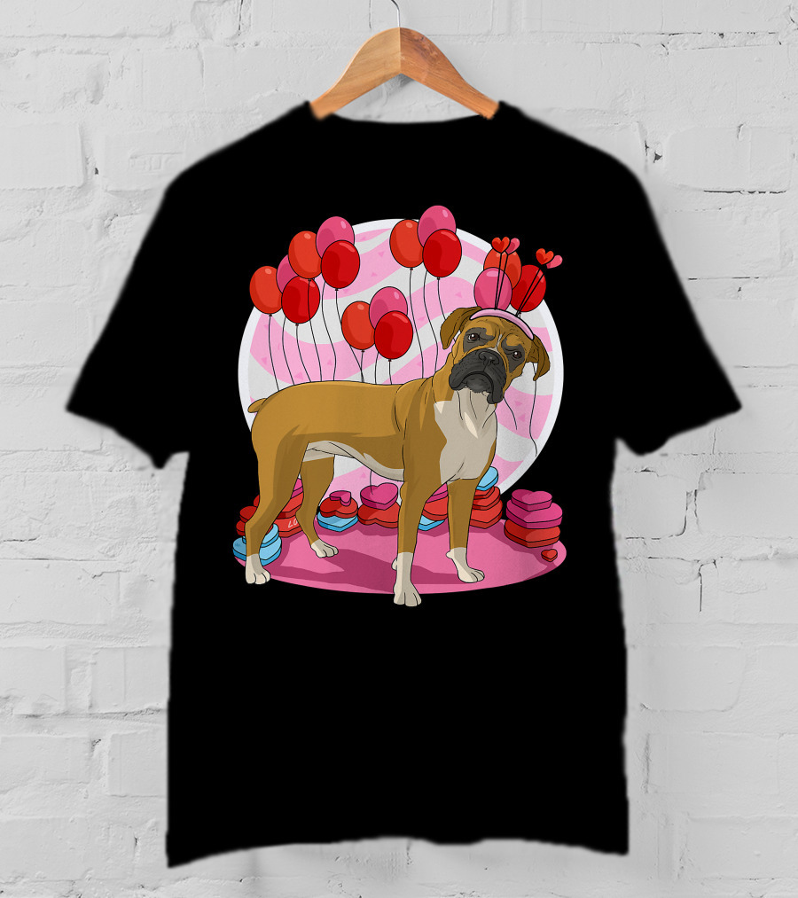 Boxer Dog With Heart Antlers And Balloons Valentine Decor T-Shirt