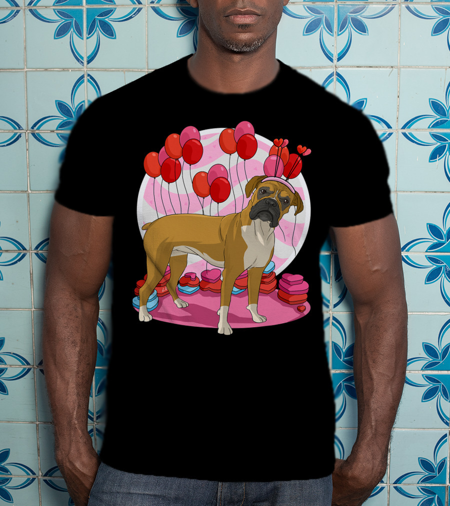 Boxer Dog With Heart Antlers And Balloons Valentine Decor T-Shirt