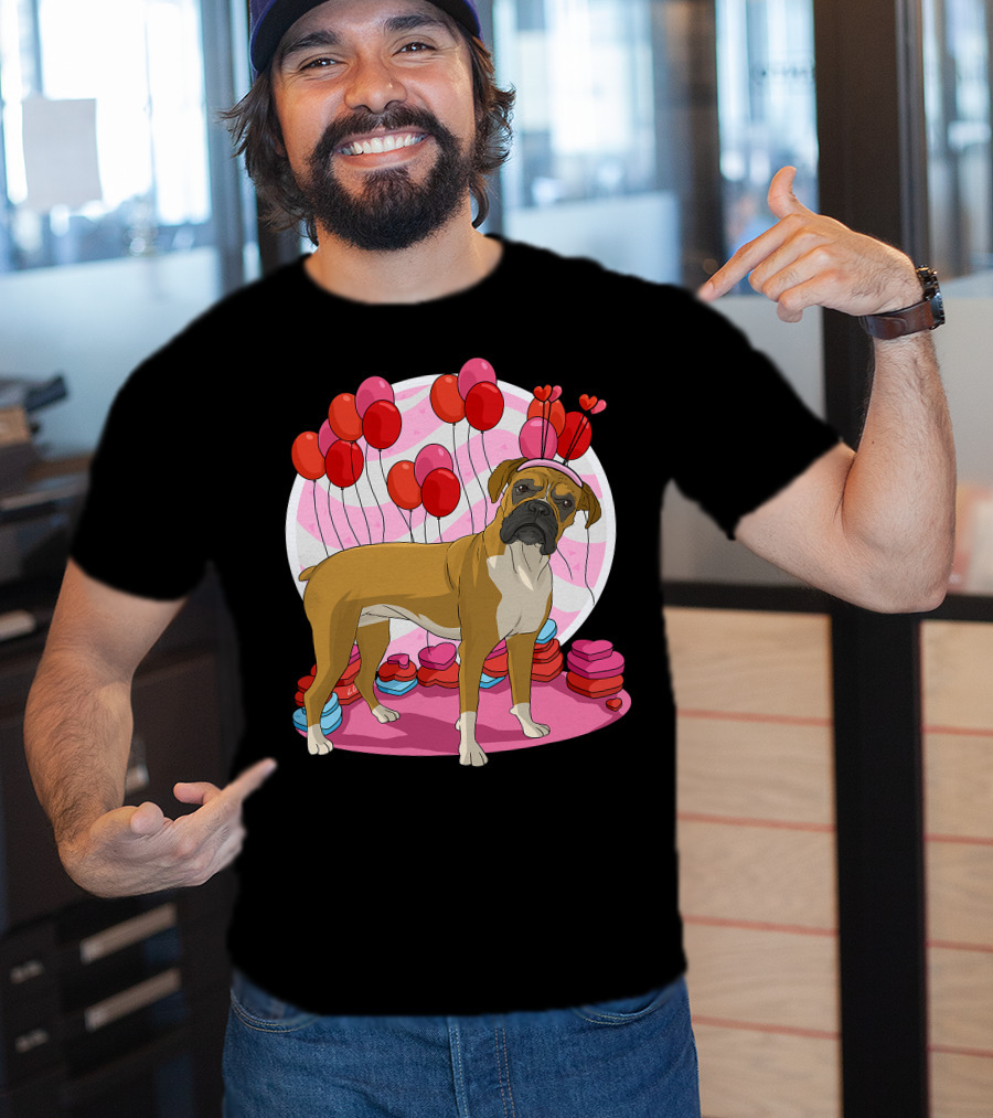 Boxer Dog With Heart Antlers And Balloons Valentine Decor T-Shirt