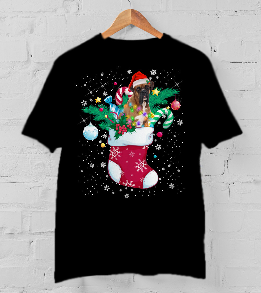 Boxer Dog In Santa Hat With Candy Canes In Christmas Stocking T-Shirt