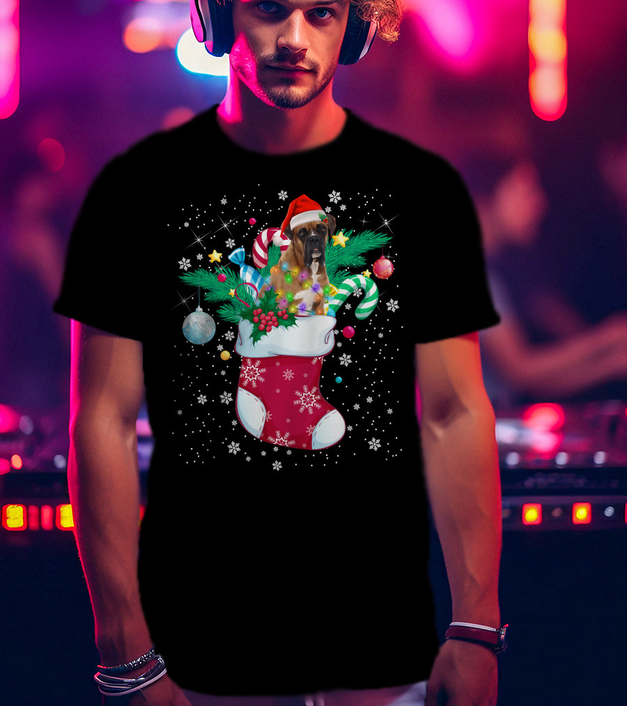 Boxer Dog In Santa Hat With Candy Canes In Christmas Stocking T-Shirt