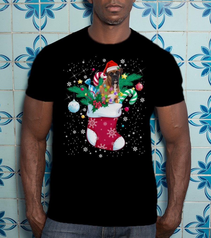 Boxer Dog In Santa Hat With Candy Canes In Christmas Stocking T-Shirt