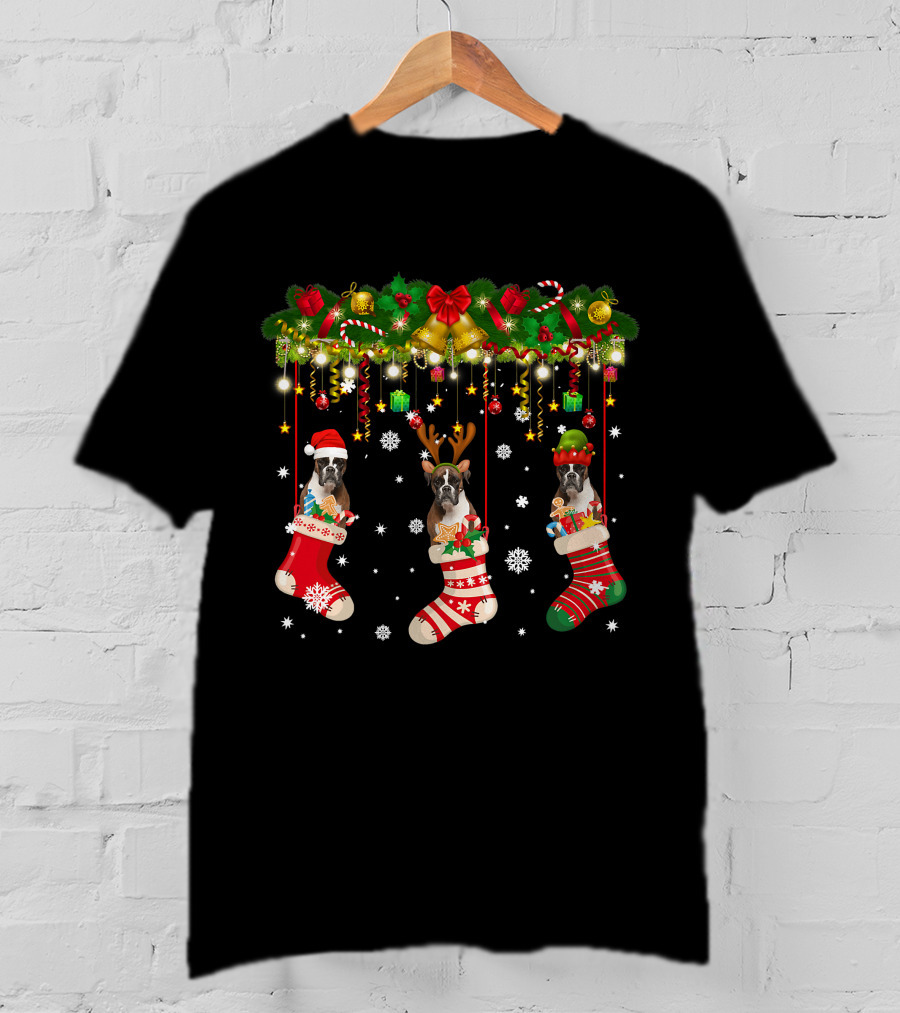 Boxer Dog In Christmas Stocking Santa Hat Reindeer Antlers Santa EL T-Shirt