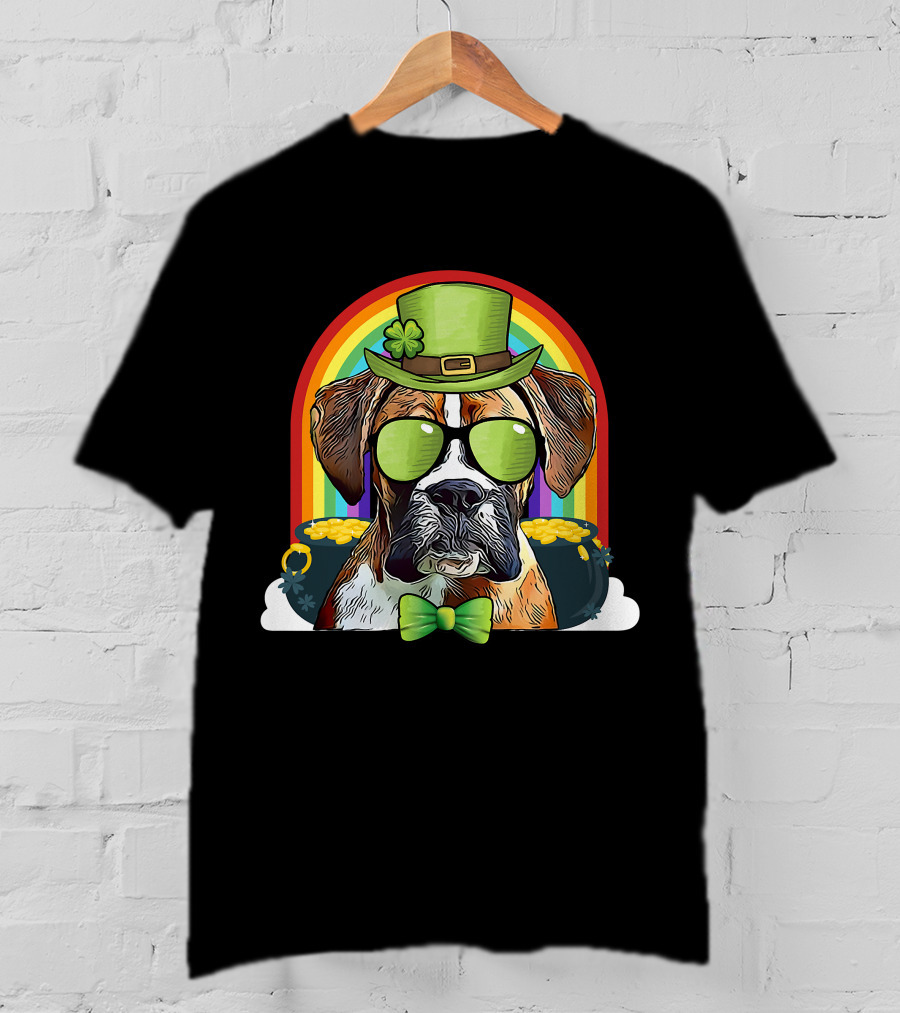 Boxer Dog Leprechaun Funny St Patricks Rainbow Hat Bow Tie Shamrocks T-Shirt