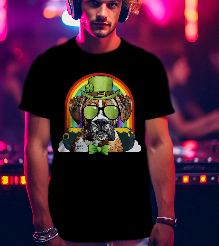 Boxer Dog Leprechaun Funny St Patricks Rainbow Hat Bow Tie Shamrocks T-Shirt