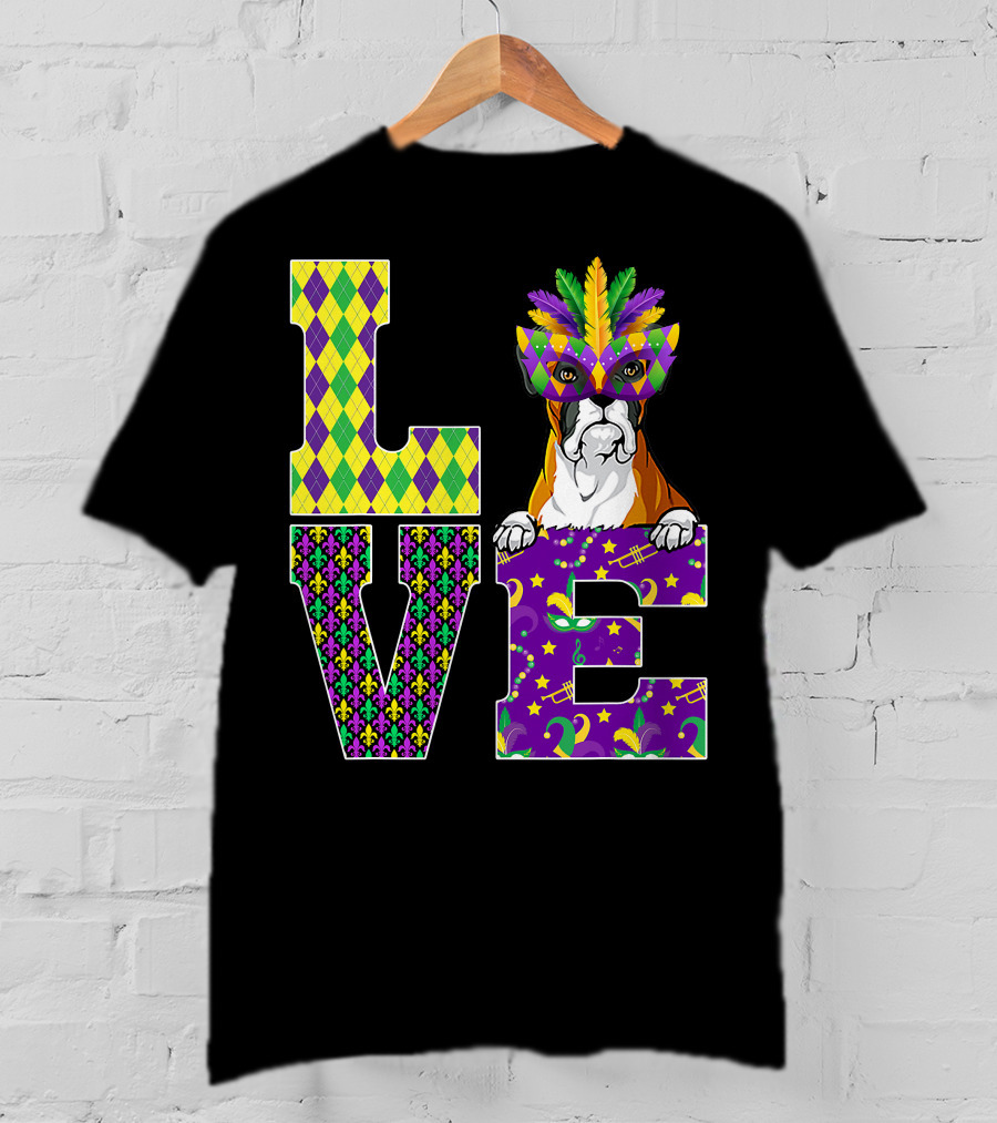 Boxer Dog Lover Mardi Gras Costume Mask Fleur De Lis Pattern Love T-Shirt