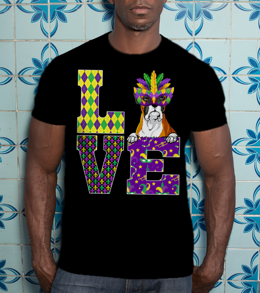 Boxer Dog Lover Mardi Gras Costume Mask Fleur De Lis Pattern Love T-Shirt