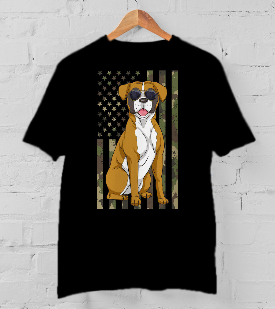 Boxer Dog Men Women Boxer Dad Mom Camo USA Flag Sunglasses T-Shirt