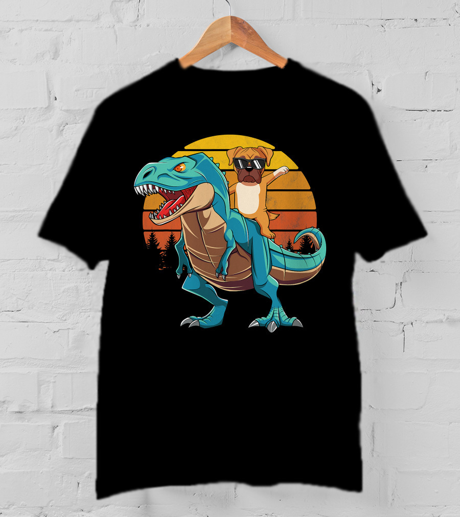 Boxer Dog Riding Dinosaur Rex Boys Girl Sunglasses Sunset T-Shirt