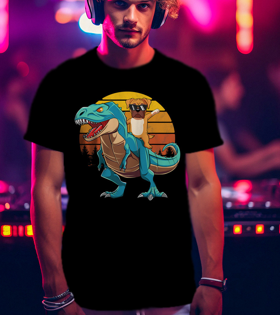 Boxer Dog Riding Dinosaur Rex Boys Girl Sunglasses Sunset T-Shirt
