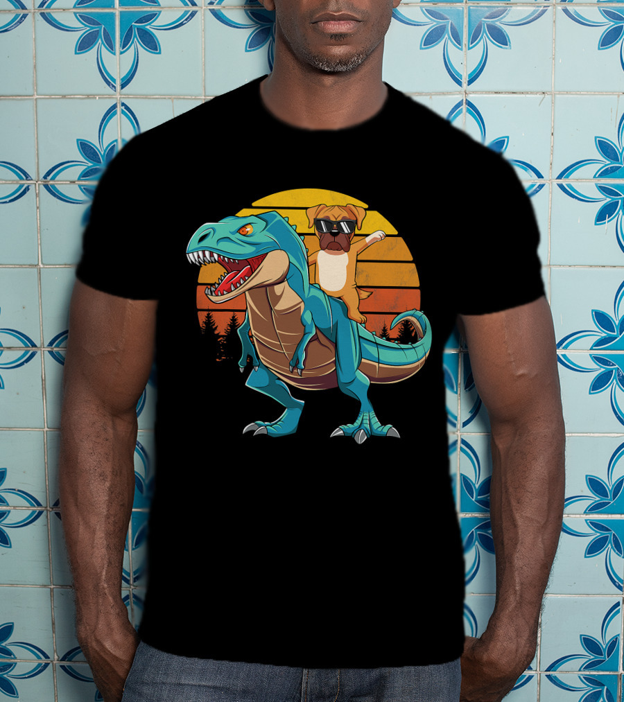 Boxer Dog Riding Dinosaur Rex Boys Girl Sunglasses Sunset T-Shirt