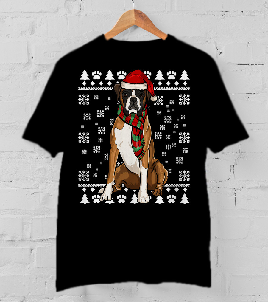 Boxer Dog Santa Hat Christmas Snowflakes Paw Prints Ugly T-Shirt