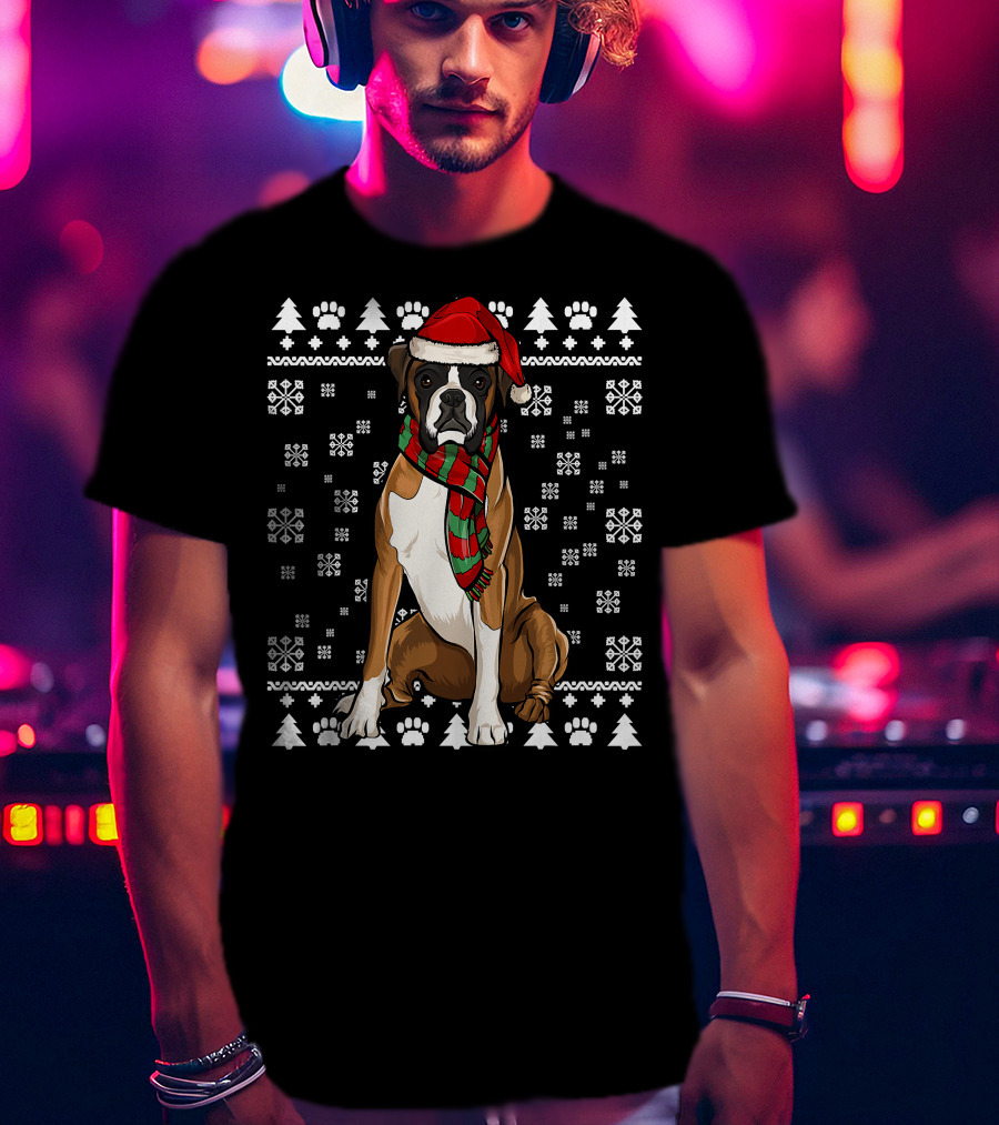 Boxer Dog Santa Hat Christmas Snowflakes Paw Prints Ugly T-Shirt