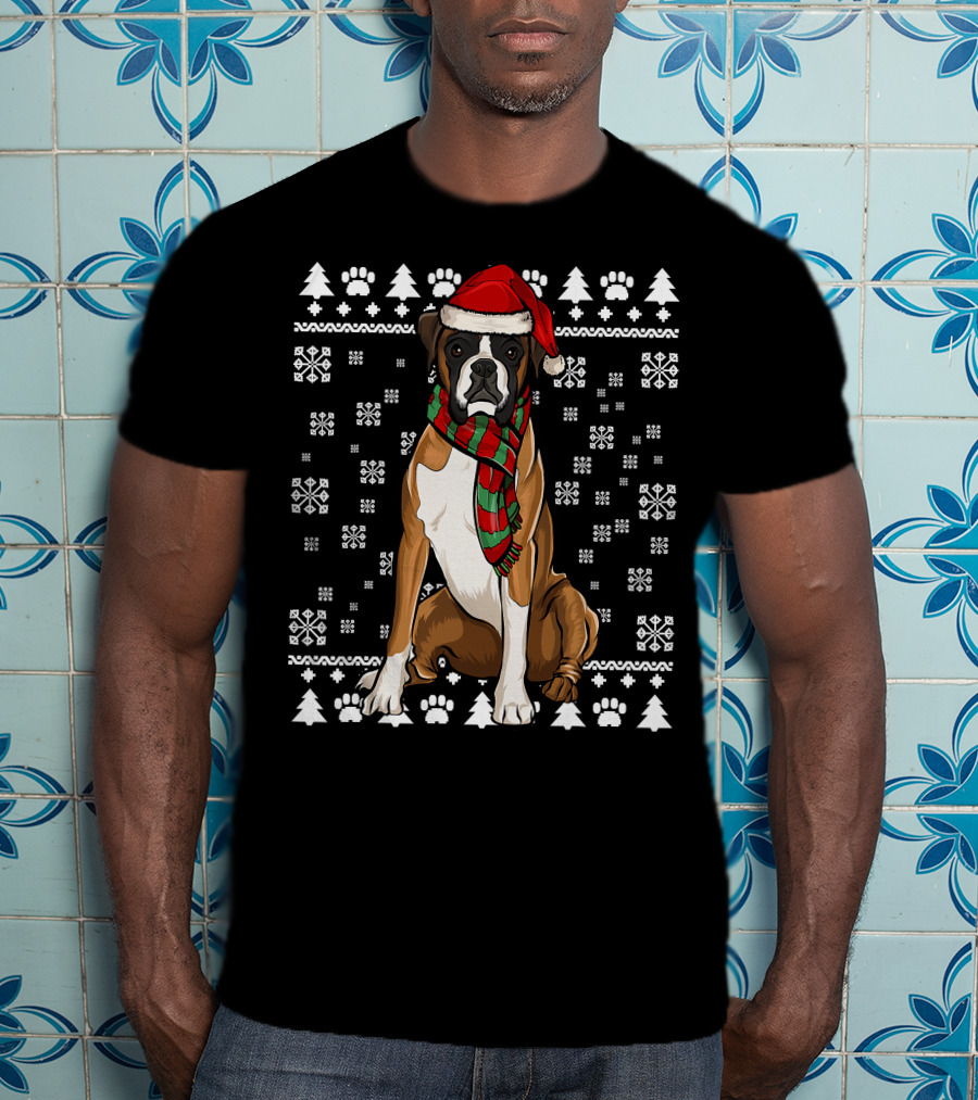 Boxer Dog Santa Hat Christmas Snowflakes Paw Prints Ugly T-Shirt