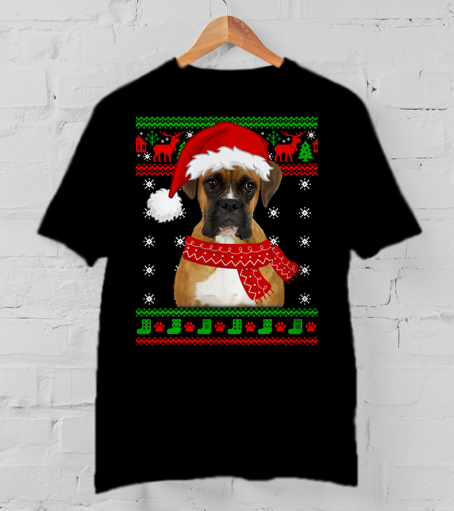 Boxer Dog Christmas Puppy Ugly Sweater Santa Hat Reindeer Snowflakes T-Shirt