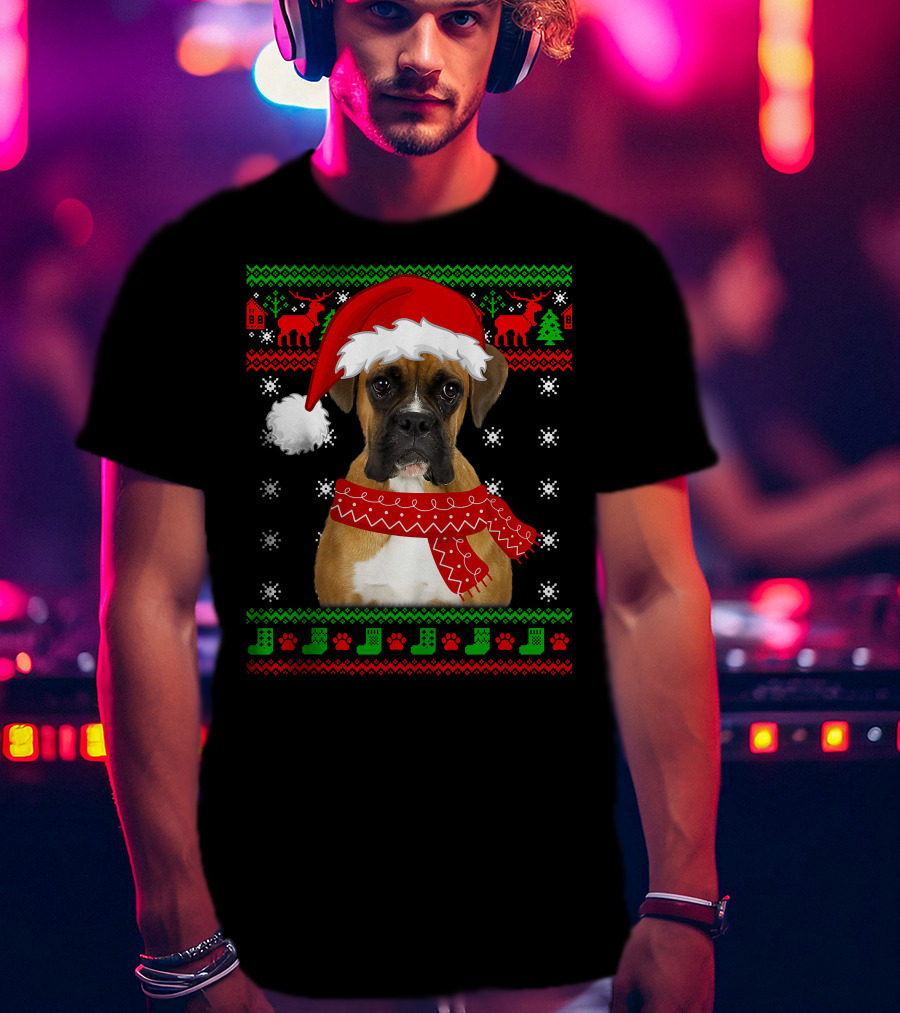 Boxer Dog Christmas Puppy Ugly Sweater Santa Hat Reindeer Snowflakes T-Shirt