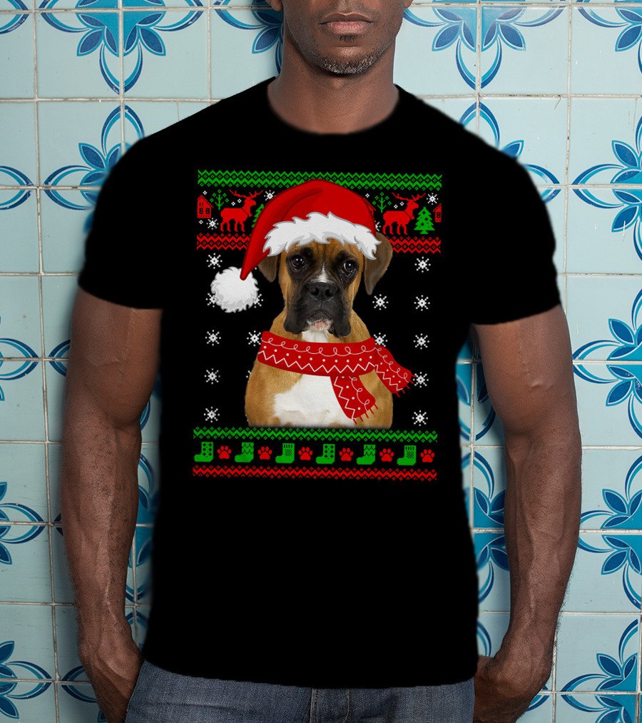 Boxer Dog Christmas Puppy Ugly Sweater Santa Hat Reindeer Snowflakes T-Shirt