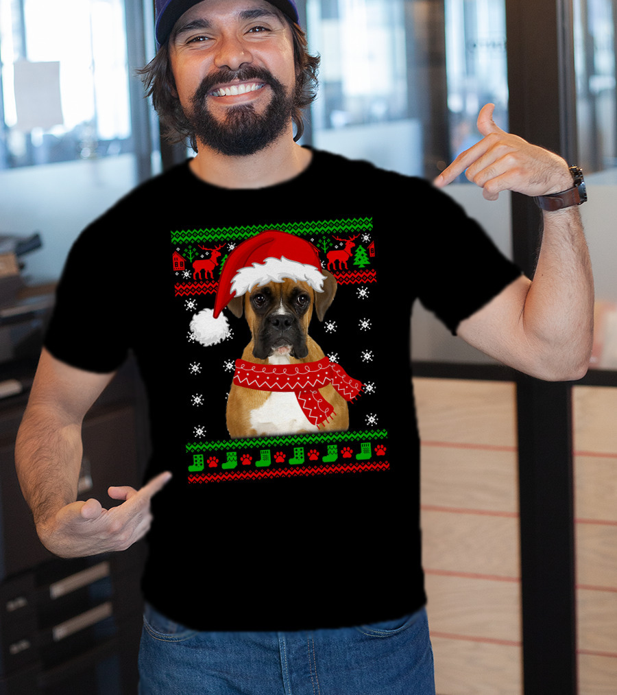 Boxer Dog Christmas Puppy Ugly Sweater Santa Hat Reindeer Snowflakes T-Shirt