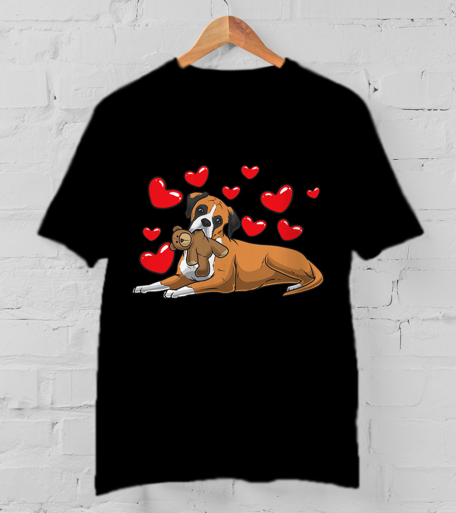 Boxer Dog Cuddling Teddy Bear Surrounded By Red Hearts T-Shirt