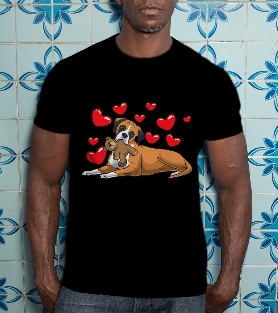 Boxer Dog Cuddling Teddy Bear Surrounded By Red Hearts T-Shirt