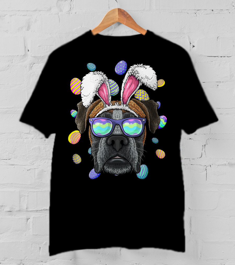 Boxer Dog With Bunny Ears And Sunglasses Surrounded By Colorful Easter Eggs T-Shirt
