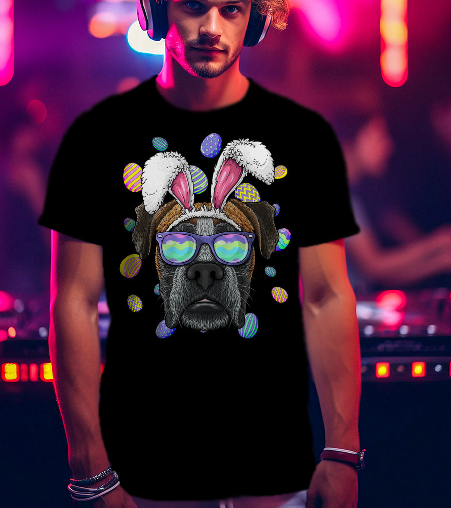 Boxer Dog With Bunny Ears And Sunglasses Surrounded By Colorful Easter Eggs T-Shirt