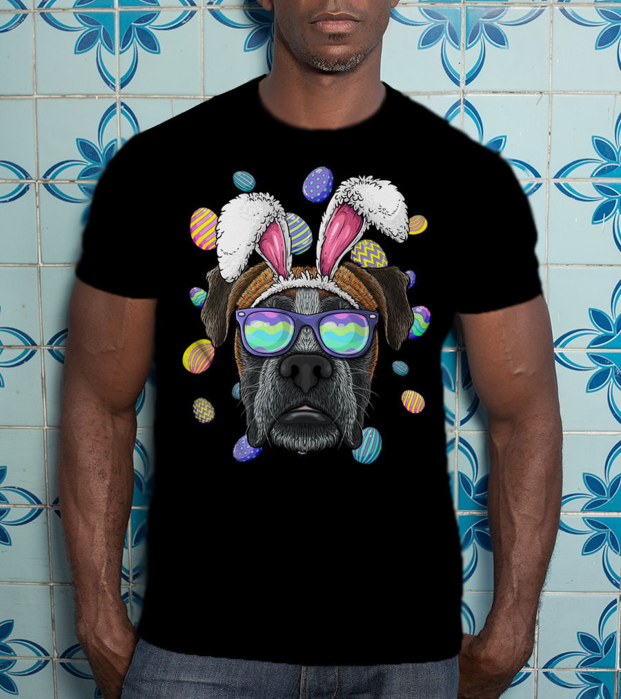 Boxer Dog With Bunny Ears And Sunglasses Surrounded By Colorful Easter Eggs T-Shirt