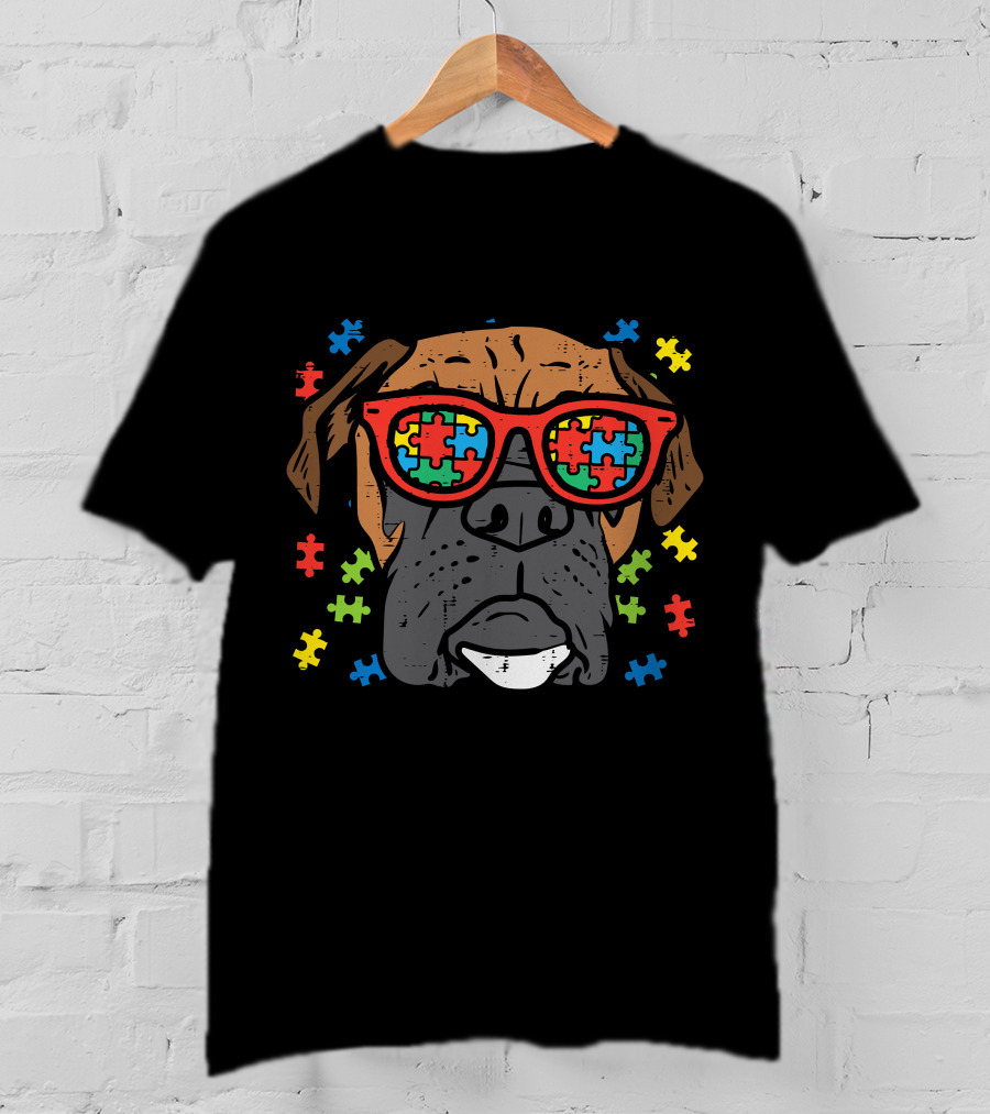 Boxer Face With Puzzle Glasses For Autism Awareness T-Shirt