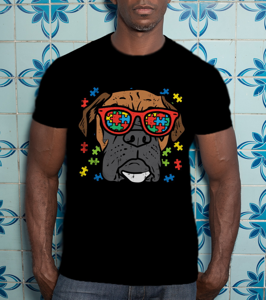 Boxer Face With Puzzle Glasses For Autism Awareness T-Shirt