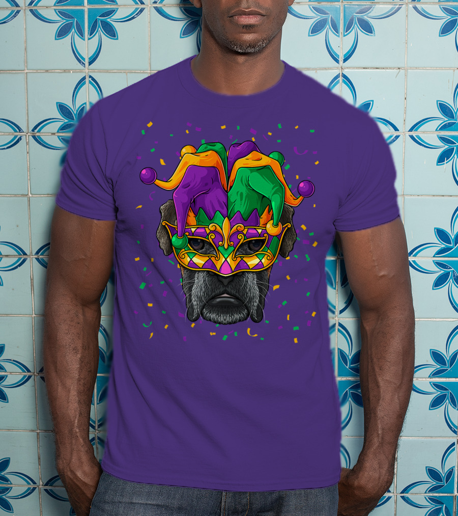 Carnival King Boxer Dog Wearing Jester Mask With Confetti T-Shirt