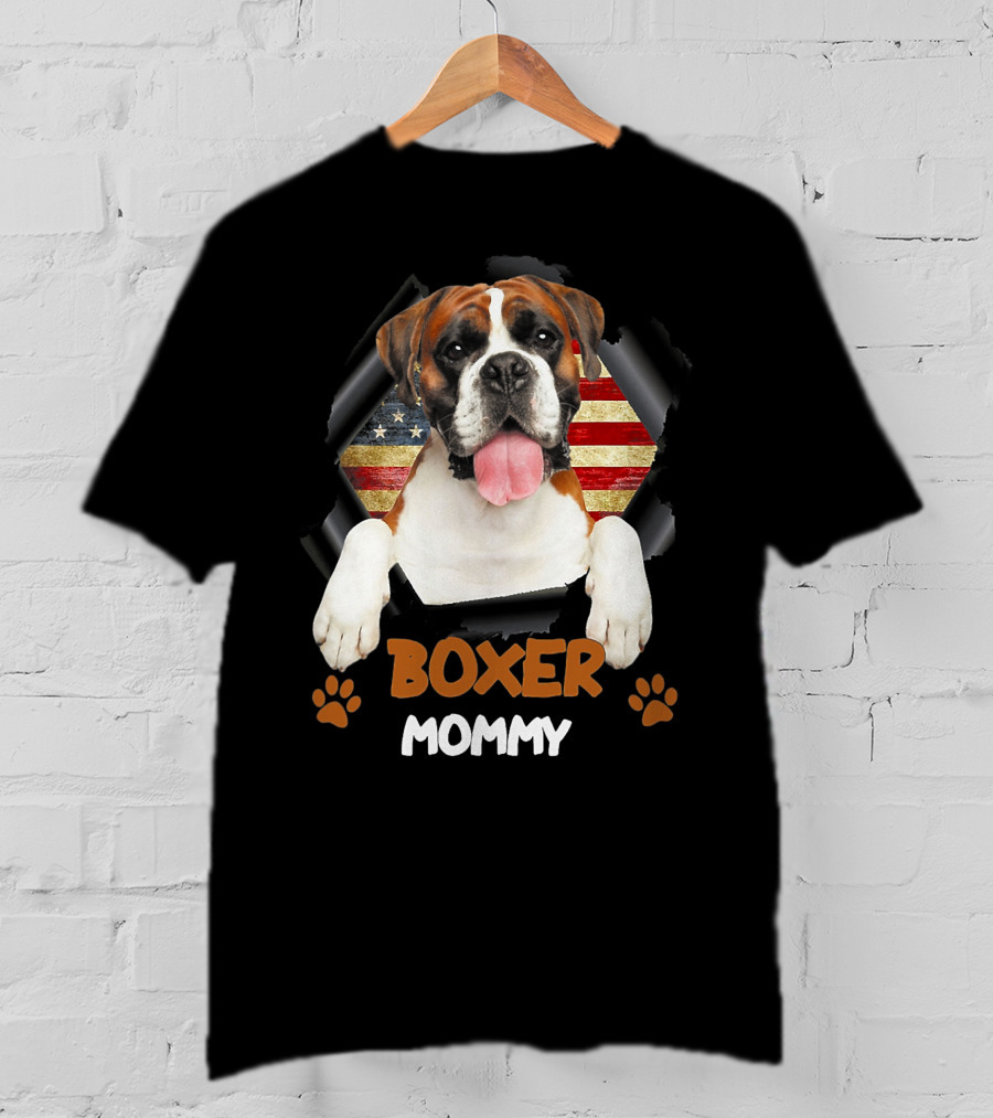 Boxer Mommy Dog With Torn American Flag Background T-Shirt