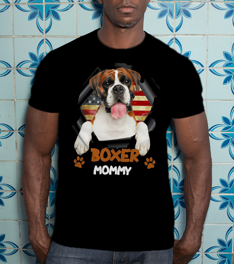 Boxer Mommy Dog With Torn American Flag Background T-Shirt