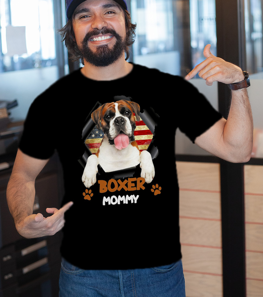 Boxer Mommy Dog With Torn American Flag Background T-Shirt