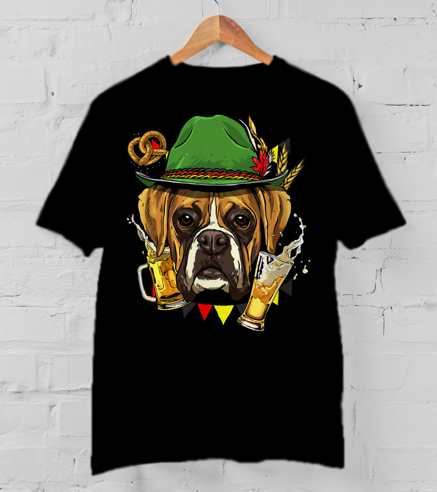Oktoberfest Boxer Dog Lederhosen Beer Pretzel Hat T-Shirt