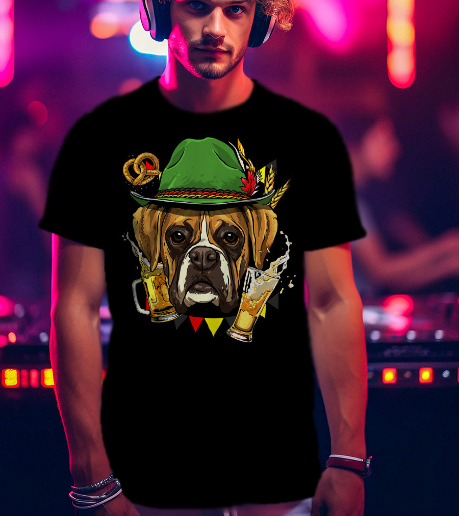 Oktoberfest Boxer Dog Lederhosen Beer Pretzel Hat T-Shirt