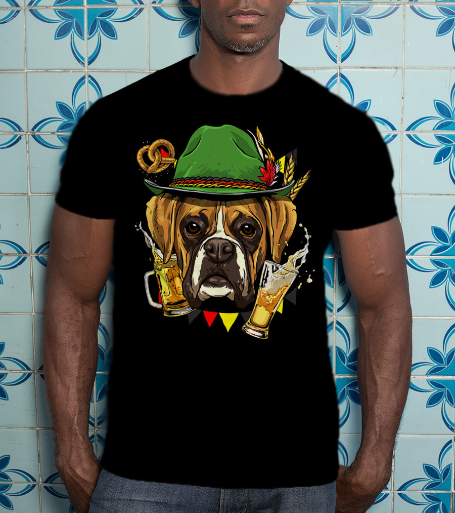Oktoberfest Boxer Dog Lederhosen Beer Pretzel Hat T-Shirt