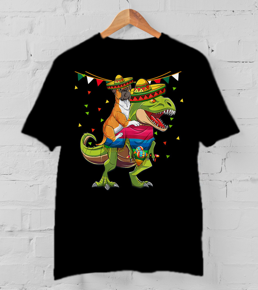 Boxer Dog With Sombrero Riding Dinosaur Rex Fiesta Flag Party T-Shirt