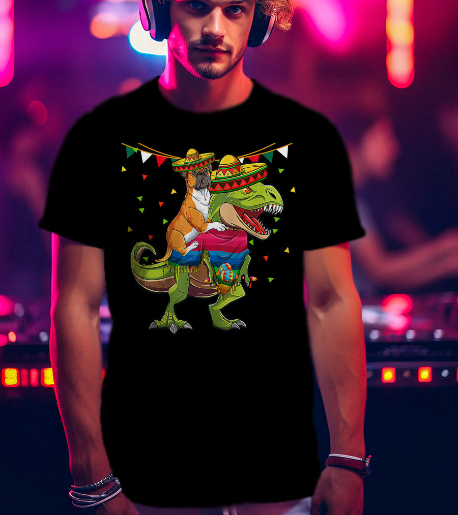 Boxer Dog With Sombrero Riding Dinosaur Rex Fiesta Flag Party T-Shirt