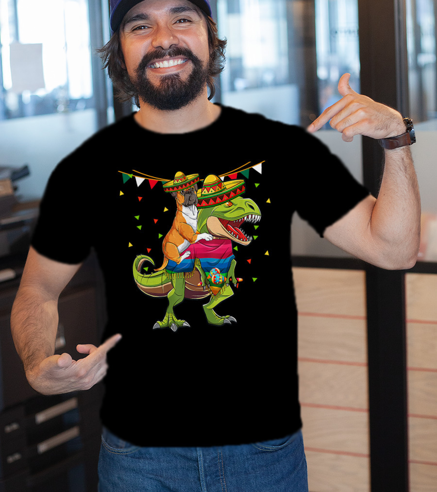 Boxer Dog With Sombrero Riding Dinosaur Rex Fiesta Flag Party T-Shirt