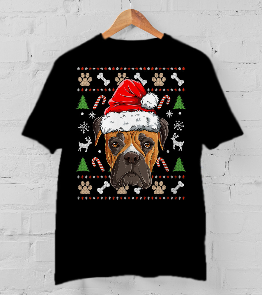 Seasonal Spirit Boxer In Christmas Santa Hat With Candy Canes And Snowflakes T-Shirt