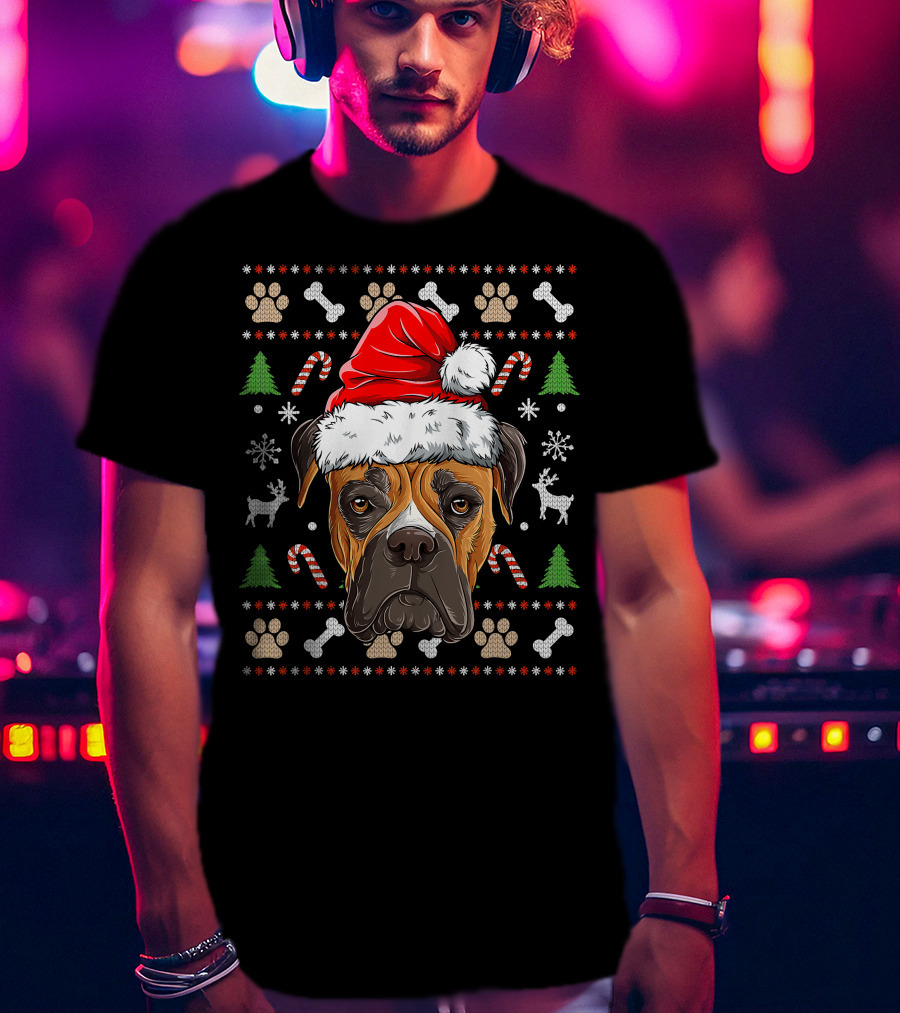 Seasonal Spirit Boxer In Christmas Santa Hat With Candy Canes And Snowflakes T-Shirt