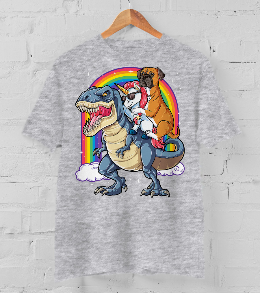Boxer Riding Dinosaur Unicorn T-Shirt