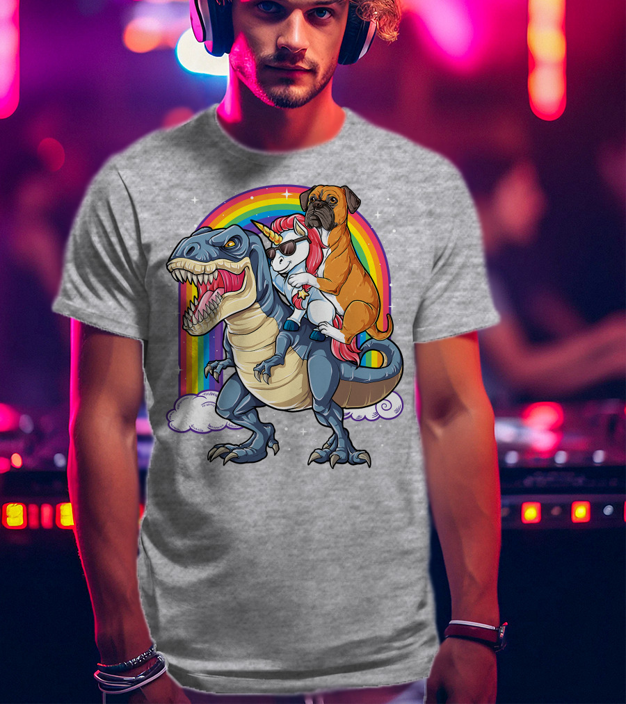 Boxer Riding Dinosaur Unicorn T-Shirt
