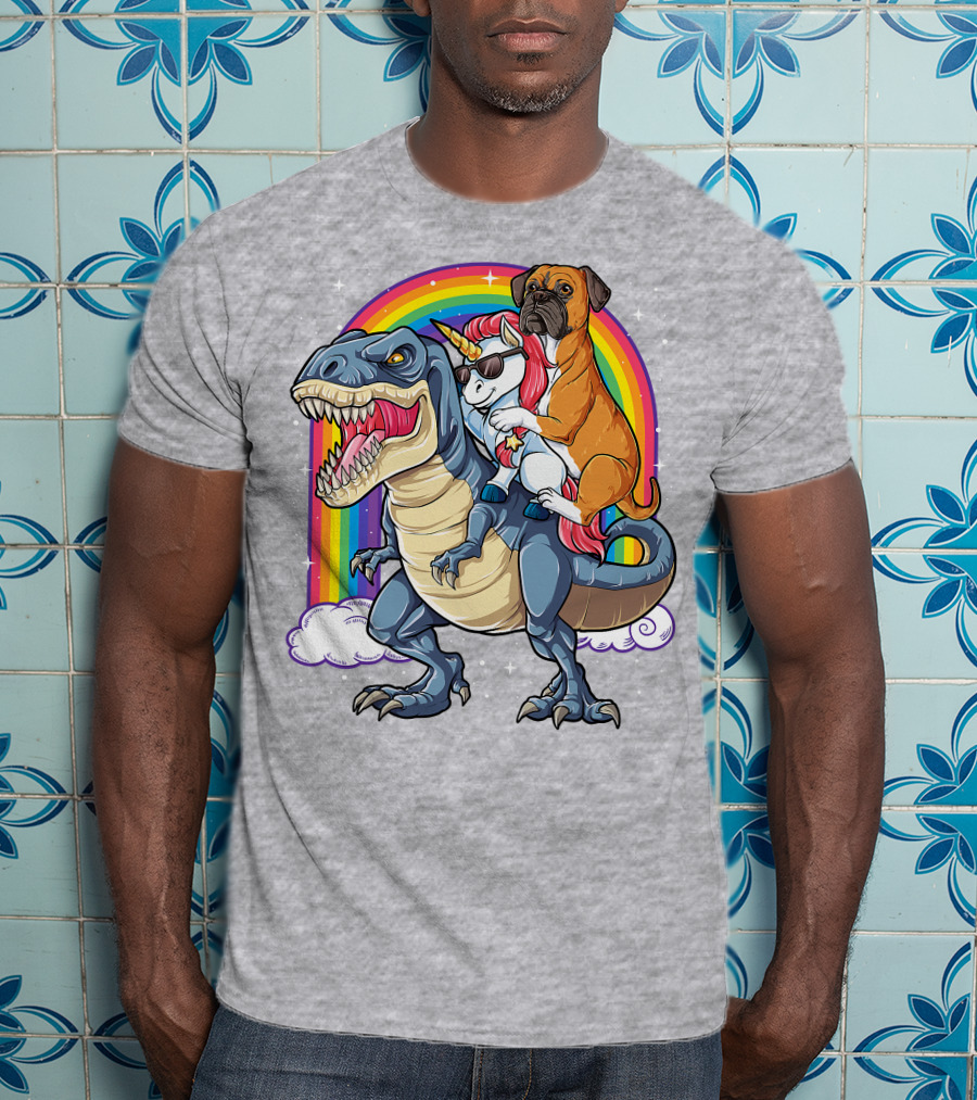 Boxer Riding Dinosaur Unicorn T-Shirt