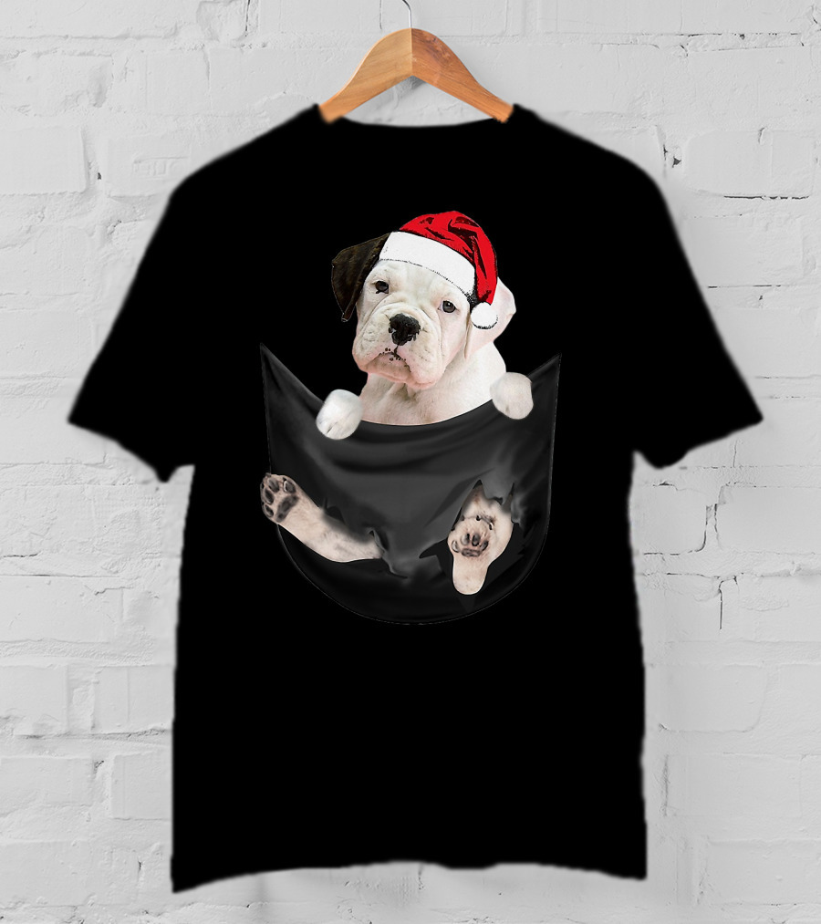 White Boxer Dog Santa Hat Christmas Pocket Mid-Length T-Shirt